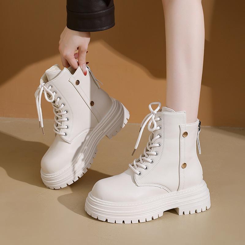 Martin-Stiefel mit dicker Sohle für Damen Herbst und Winter neu niedrigschaftig Reißverschluss hinten Lokomotiv-Damenstiefel mit runder Spitze Stiefeletten für Damen