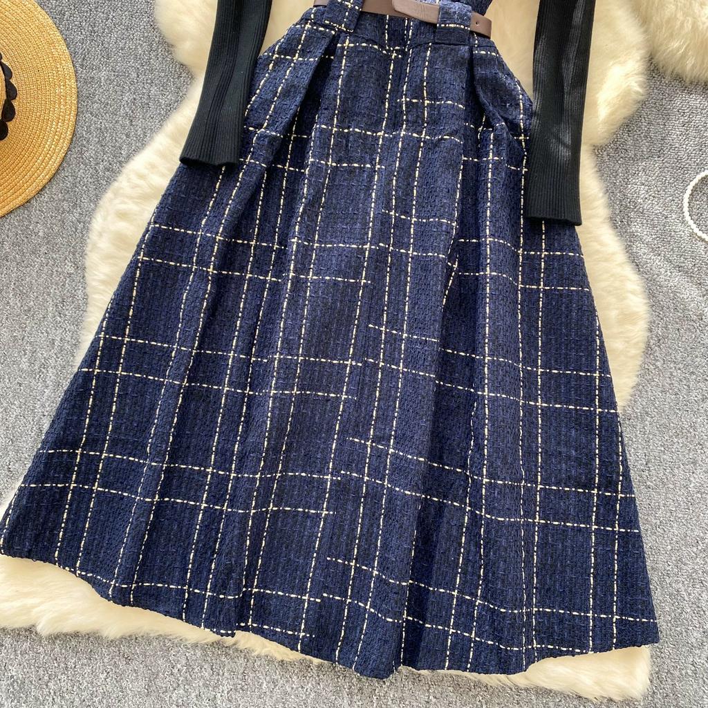 Fall Winter Women Sweater Dress Set Casual Knitted Pullover Tops + Plaid Tweed Dress 2 Piece Outfits Female With Belt