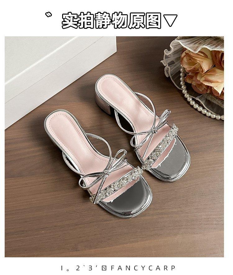 Silver Sandals Women 2025 New Summer Bow French Cool Slippers Wear Thick High Heels Fairy Style Slippers