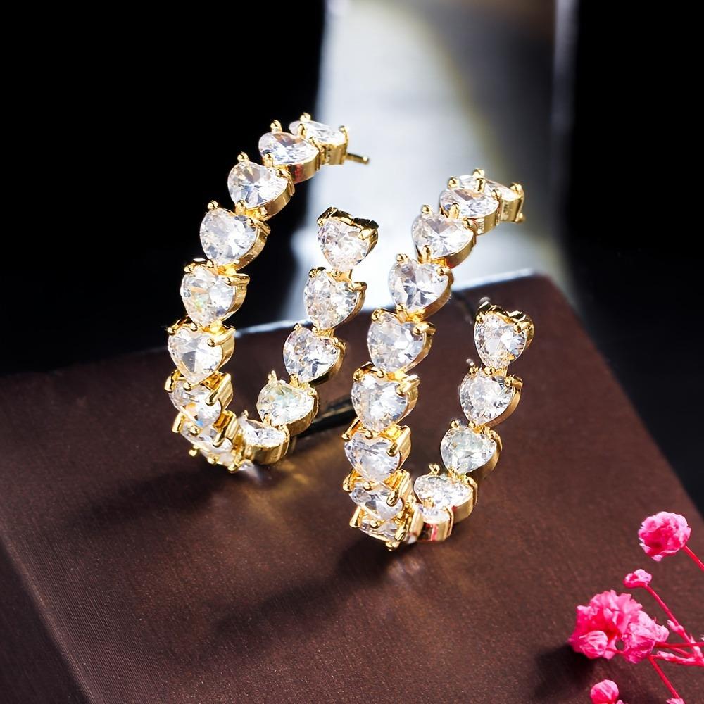 Valentine's Day Gift 1 Pair Sparkling Cubic Zirconia Heart Shape C-Shape Hoop Earrings Stylish Gift For Women And Girls