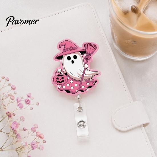 Playful Ghost Design ID Clip Halloween Badge Reel, Glitter Acrylic Retractable Holder Clip, Cute Pink Festive Pattern Name for Women Nurse Teacher