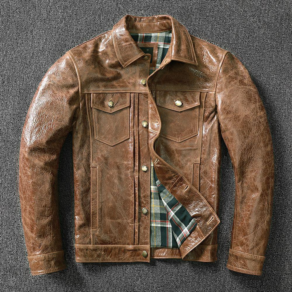 Giacca in Pelle Slim Coreana Giacca in Pelle Denim da Uomo Pelle di Mucca Strato Superiore Puro Cera d'Olio Stile Retrò Cappotto alla Moda