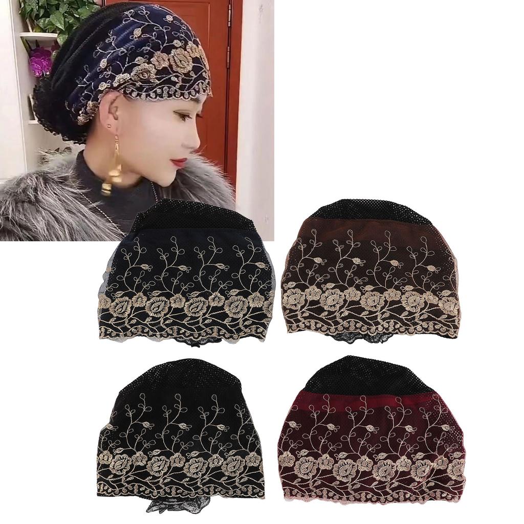 4 Pcs Women Muslim Inner Hijab Cap Black Wine Red Navy Blue Coffee Color Lace Cotton Embroidered Und