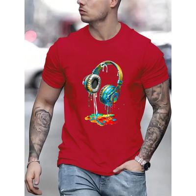 Summer Round Neck 3D Earphone Pattern Print Top Fashionable Casual Short Sleeved Men's T-shirts