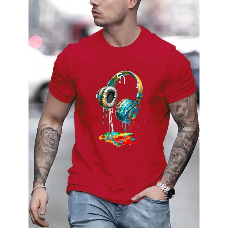 Summer Round Neck 3D Earphone Pattern Print Top Fashionable Casual Short Sleeved Men's T-shirts