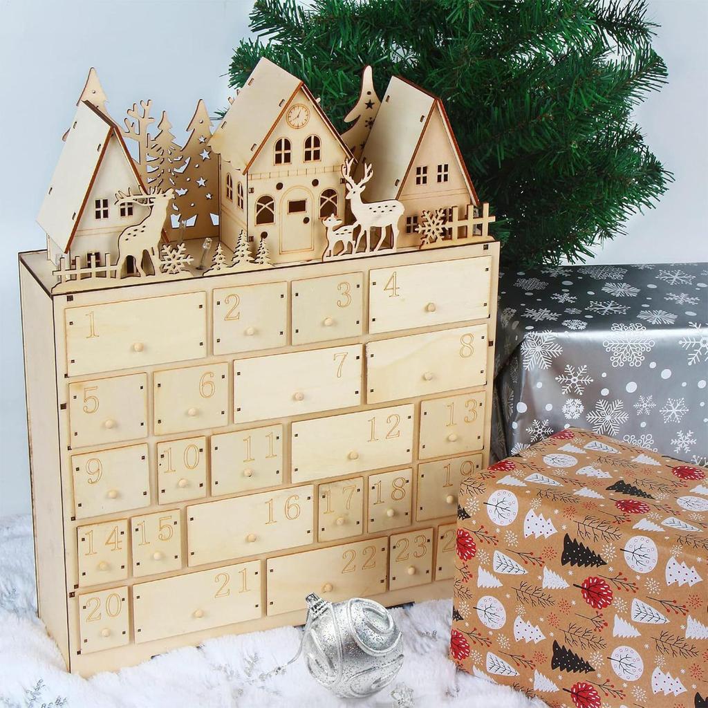 Wooden Advent Calendar with LED Lights 24 Days Countdown to Christmas Light Up Tabletop Decor Creative Holiday Gift for Home