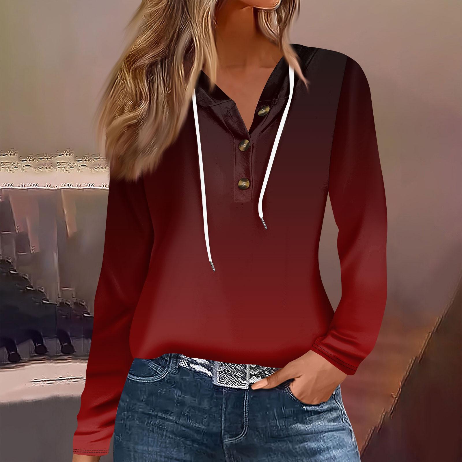 

Женская модная повседневная футболка с длинным рукавом на пуговицах с капюшоном и принтом XL винный