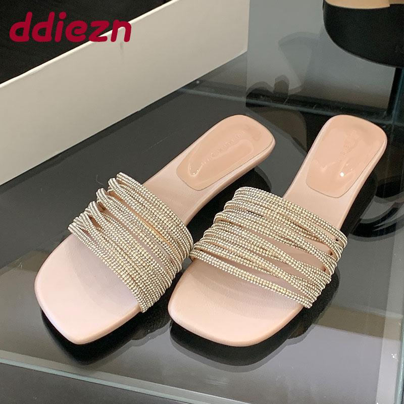 

Fashion Luxury Rhinestones Ladies Flats Slides Slippers Shoes Female Summer Spring Fashion Bling Women Flats Slippers Sandals Shoes 35