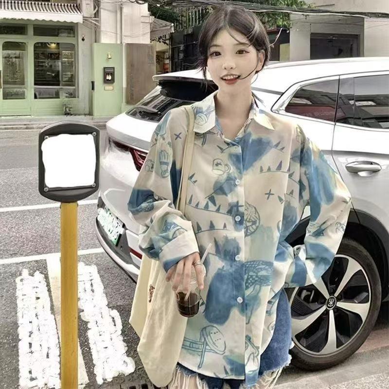 Women's Long Sleeved Shirts Contrast Color Graffiti Printing Versatile Blouses Loose Casual Summer Ladies Jacket