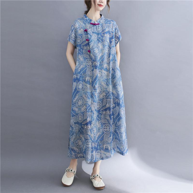 Retro Print Ethnic Style Plus Size Cheongsam Dress for Women
