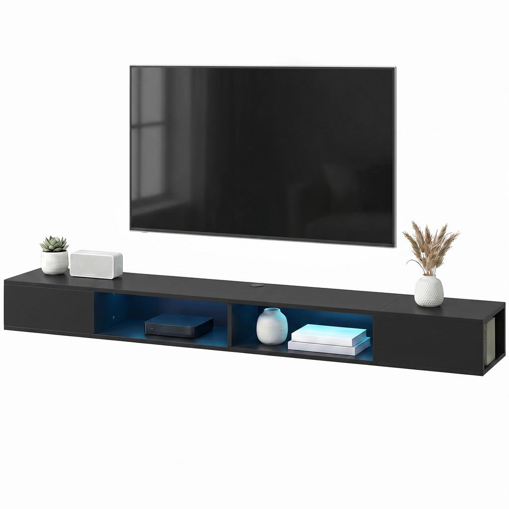 Wall Mounted TV Stand with RGB LED Lights, Floating Entertainment Centre for 75 Inch TV, Black