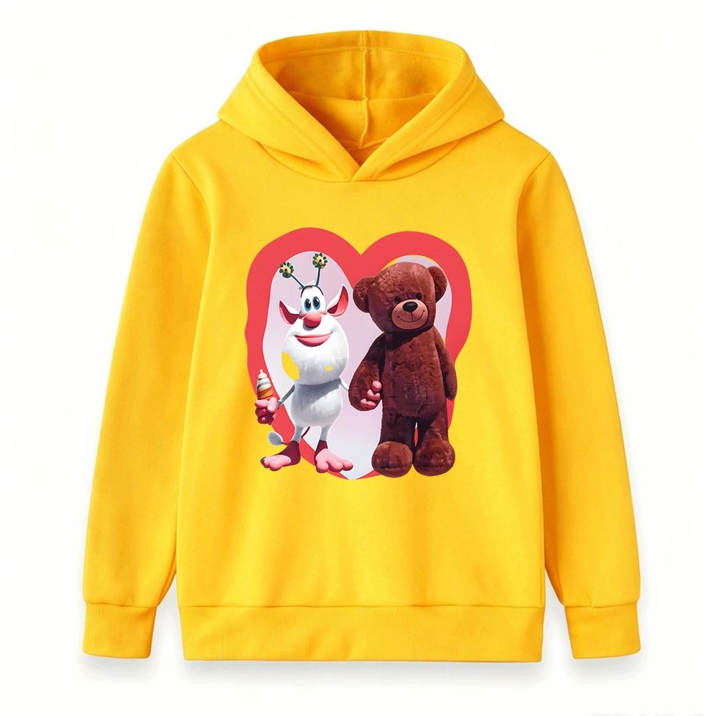 Kids Boys Girls Pullover Hoodie, Cute White Cow with Flower Headband Plush Bear Print Casual Soft Hooded Sweatshirt for Children Daily Wear