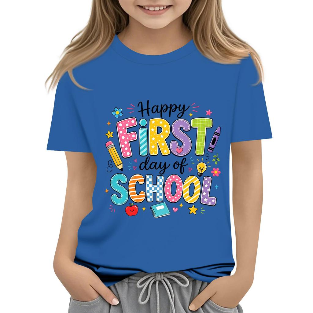 Children's Casual and Fashionable Round-Neck Printed Short-Sleeve Top for Back-to-School