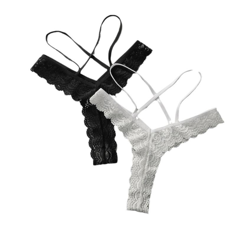 2pcs of Women's Summer Sexy Lace Hollowed Out Solid Color Pure Wind Triangle Panties
