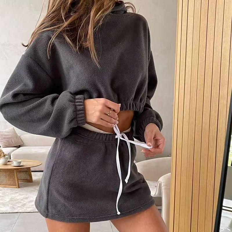 

Fashion Style Fashion Hooded Midriff-Baring Top Skirt Outfit Hooded Top and Short Skirt Set Black L