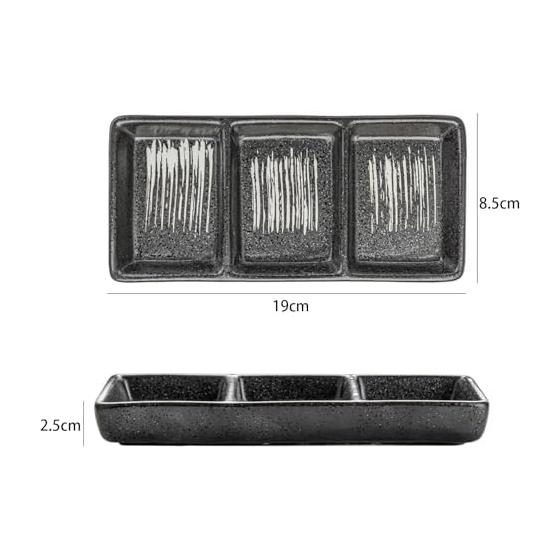 Japanese Style Ceramic 3-Compartment Dipping Dish with Chopstick Rest - Black, Microwave/Dishwasher Safe, Stackable, Perfect for Sauces, Appetizers,