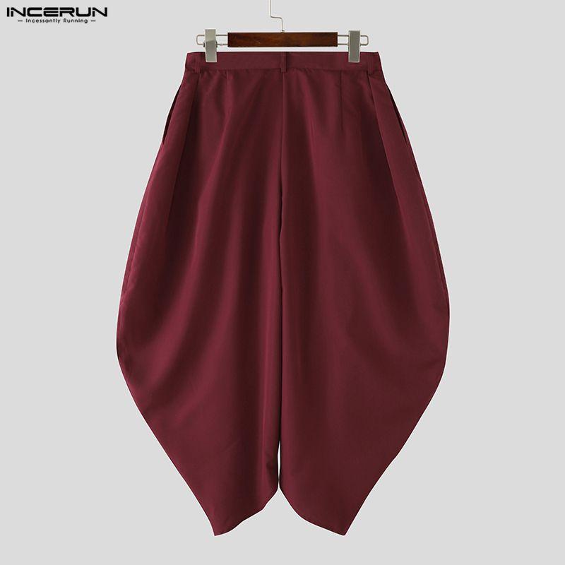 INCERUN Summer Men Zipper Waist Casual Ruffled Long Pants Trousers