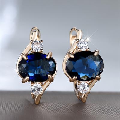 Geometric Zircon Blue Crystal Oval Stone Hoop Earrings For Women Vintage Gold Color Ear Buckle Wedding Jewelry Engagement Gifts