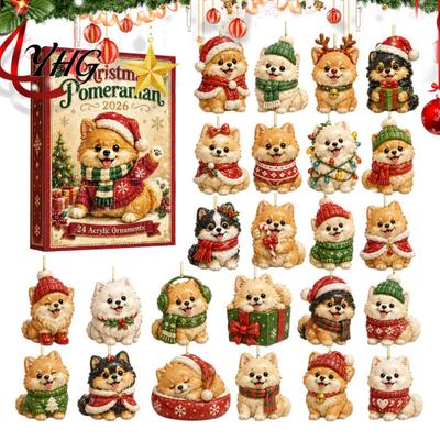 Reusable Holiday Pendant Cute Puppies Advent Calendar, 24 Days Christmas Countdown Calendar with 2D Tree Accessories Flat Acrylic Dog