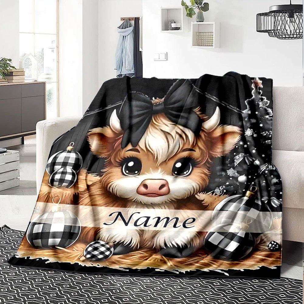 Christmas Cow With Bow Home Customize Your Name Blankets Soft And Cozy Lightweight For All Seasons Perfect For Picnics Sofa Office Bed Living Room
