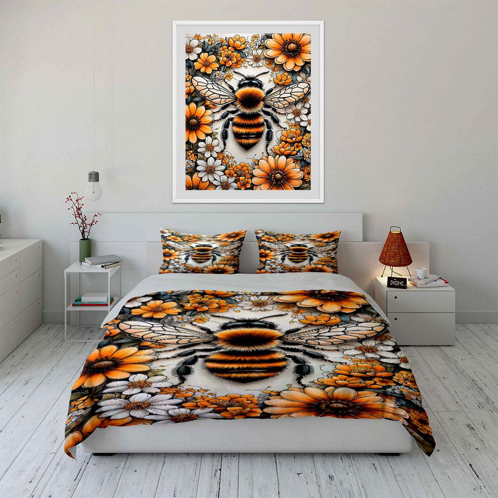 Bee and Vibrant Flower Artwork Print Bedding Set 1 Duvet Cover 2 Pillowcases for Adult and Children Luxury Gift Full Size