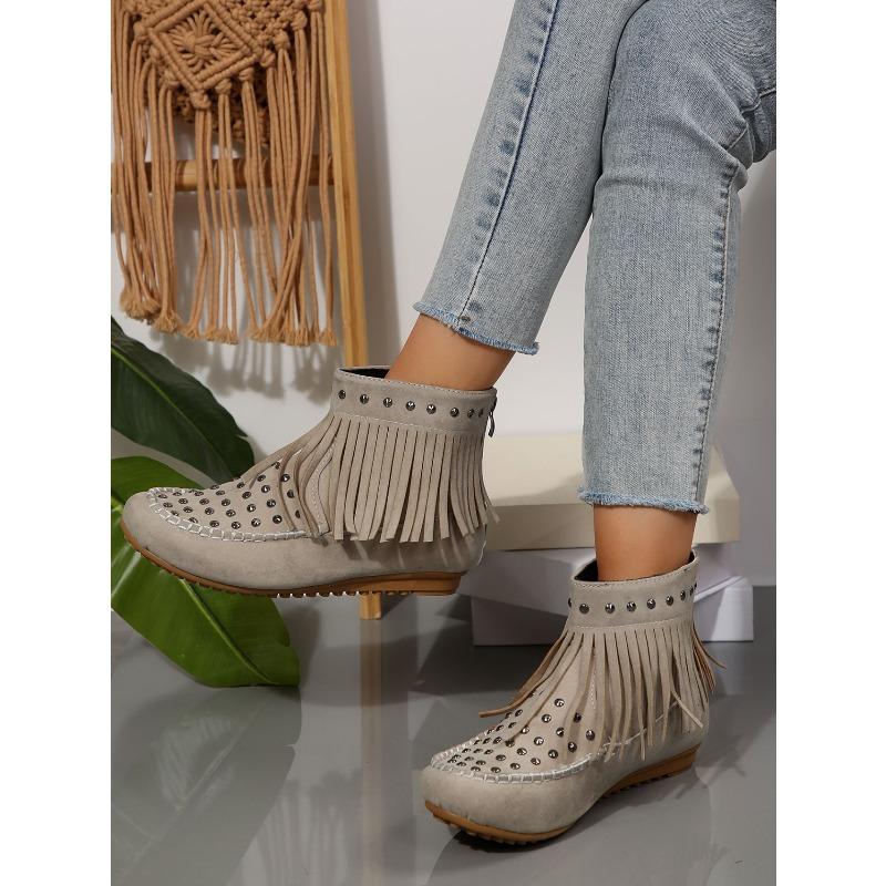 Fall New Style Rivet Fringed Boots for Export, Large Size Women's Round-toe Flat-bottom Short Boots