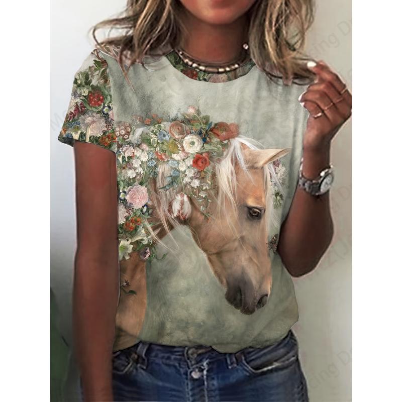 Maglietta Estiva Vintage da Donna Cavallo Stampa 3d T-shirt Donna Moda T-shirt Girocollo Manica Corta T Shirt Bambini Top Magliette Animale