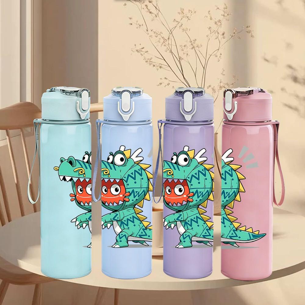 1PC Little Dinosaur Cartoon Character Print 750ml Color Plastic Sports Water Bottle Leakproof Flip Straw Lid Suitable for Sports Office Home Use