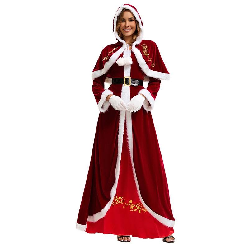 Womens Long Sleeve Christmas Dress Santa Costume With Shawl Xmas Party Outfit