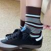 Coral Blue Striped Socks - Short Women's Socks with Vintage Polka Dots - Pure Cotton Socks
