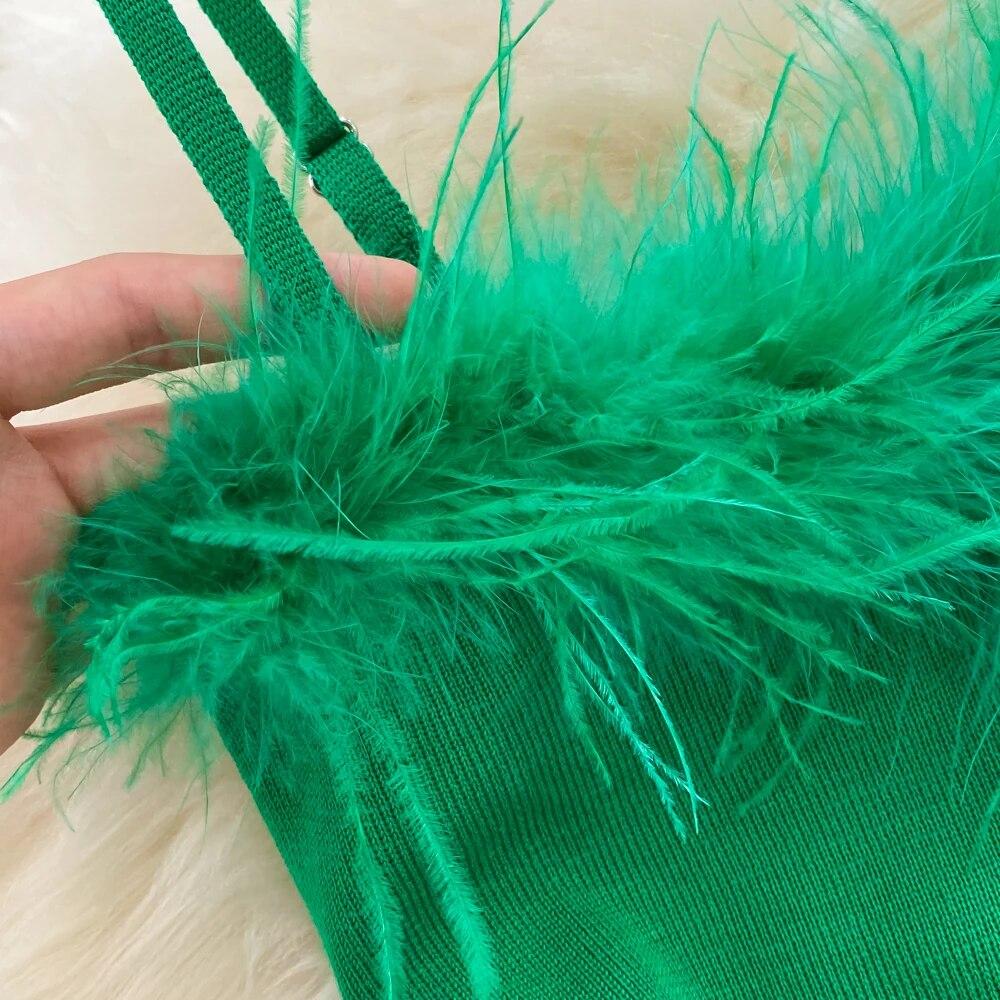 RUGOD France Sexy Knitted Club Dress Women Sleeveless Split Sundress Vintage Short Dress Feathers Montage Green Slim Dress