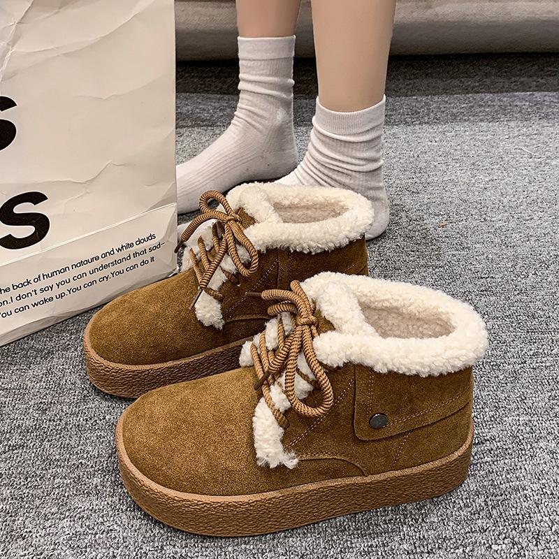 

2025 новые зимние ботинки на шнуровке с отложным воротником на толстой подошве из овечьей шерсти, женские короткие ботинки с интегрированным мехом, бархатные теплые хлопковые ботинки 38 верблюд