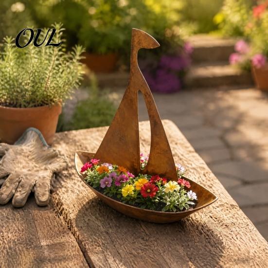 Nautical Style Garden Decor Rustic Iron Sailboat Planter, Metal Flowerpot for Succulents Herbs, Artistic Yard Flower Pot 3D Boat Shaped Container