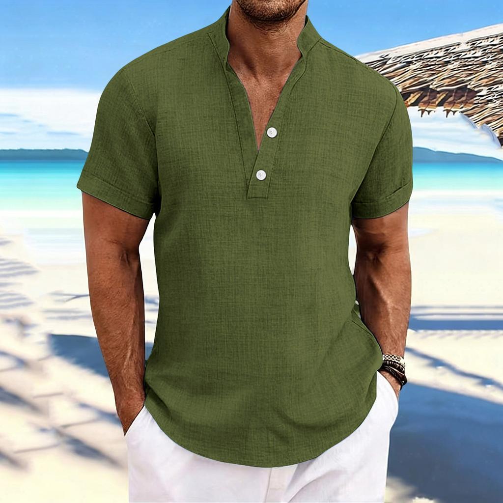 Men's Stand-up Collar, Half-open Jacket, Linen Short-sleeved Shirt