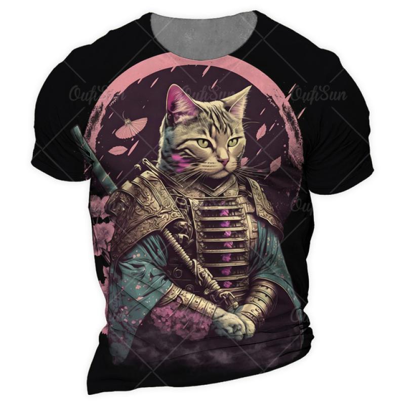 Samurai Cat O-Neck Men's Shirts Summer Male 3d Print Short Sleeve T Shirts Oversized Man Casual Top Tees Daily Animal Clothing