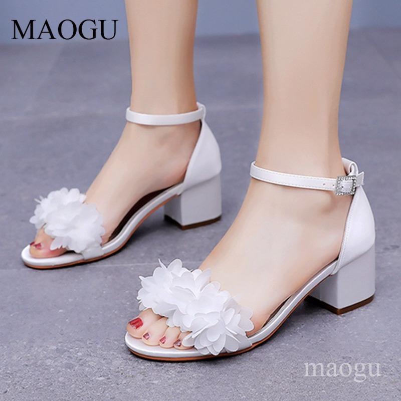 5CM Hohe Sandalen Damen Weiß Floral Knöchelriemen Kleiderschuhe für Damen Hochzeit Brautschuhe Sandalias De Mujer Größe 35-41