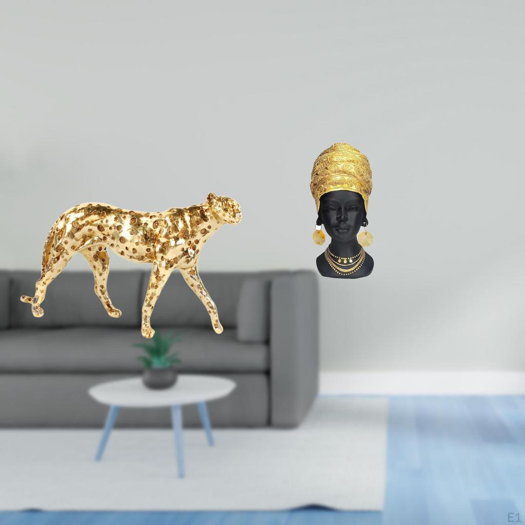 Gold Cheetah Animal Sculpture Table Centerpiece African Woman Statue Tabletop Ornament Resin