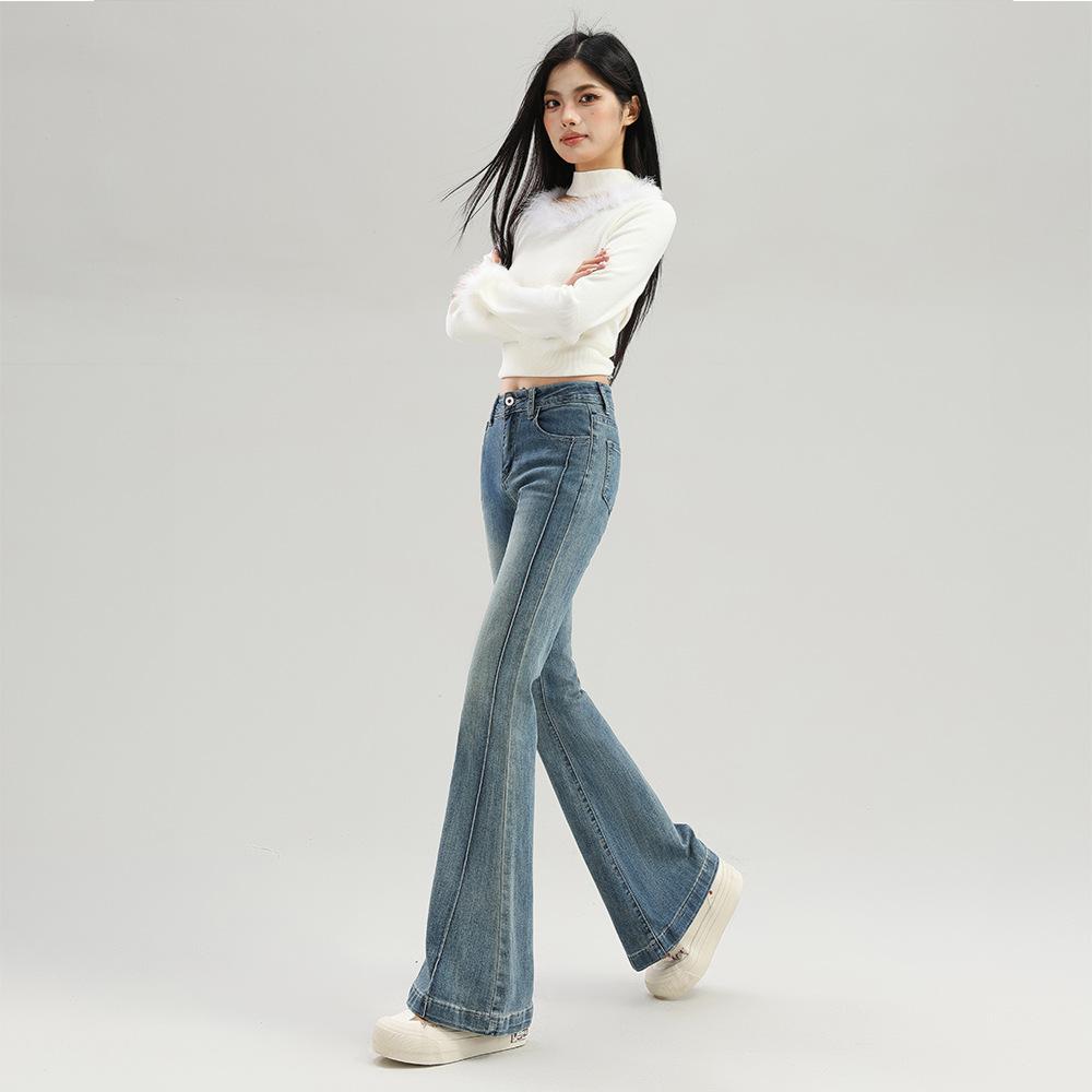 Blue micro-pull jeans women's spring new fashion trend high-waisted slim-fitting horseshoe flared pants