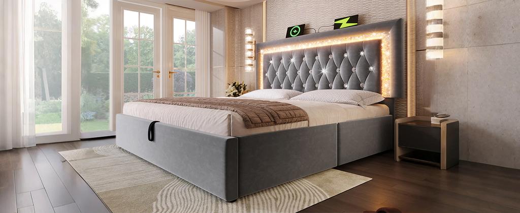Polsterbett 180x200 cm Samt mit LED-Diamantstreifen, USB- & Typ-C-Ladestation, Stauraum, Lattenrost, grau (ohne Matratze)