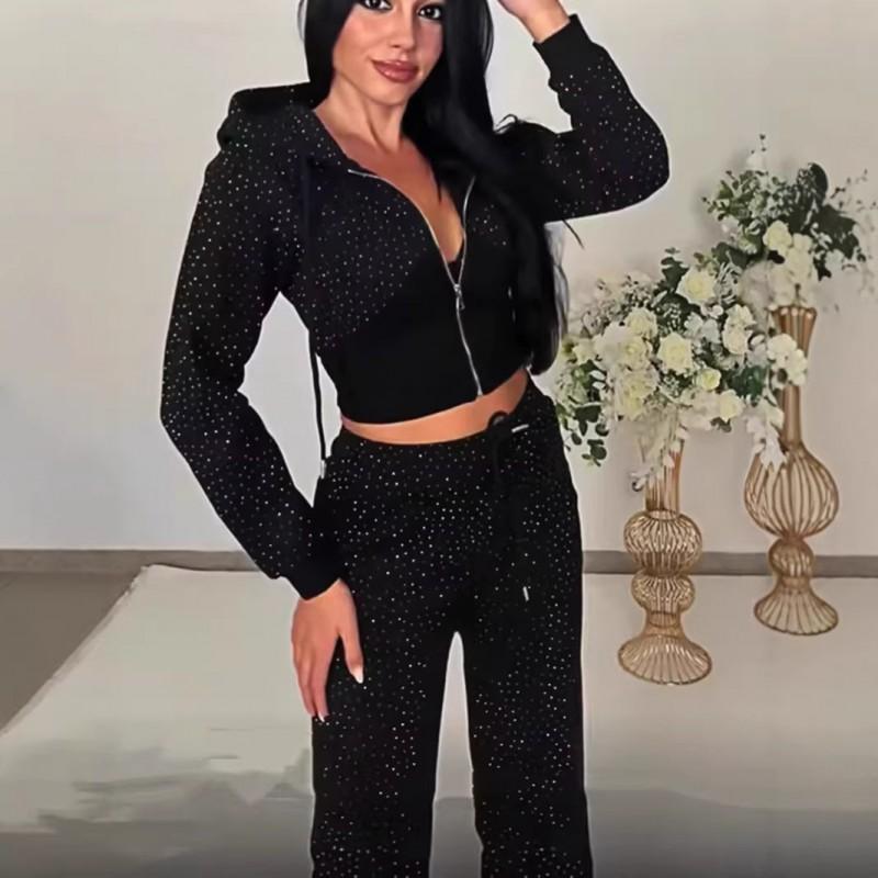 Y2K Rhinestone Zip Up Hoodie Short Sweatpants Set Streetwear Women