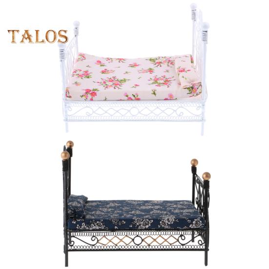 TALOS Dollhouse Bed European Style Accessories Metal Mini Double Bed Props Supplies for Room Scene