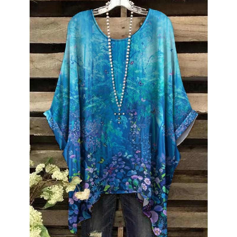 

Summer Floral Print Tailcoat Round Neck T-shirt, Casual and Comfortable Round Neck Short Sleeved T-shirt 5XL