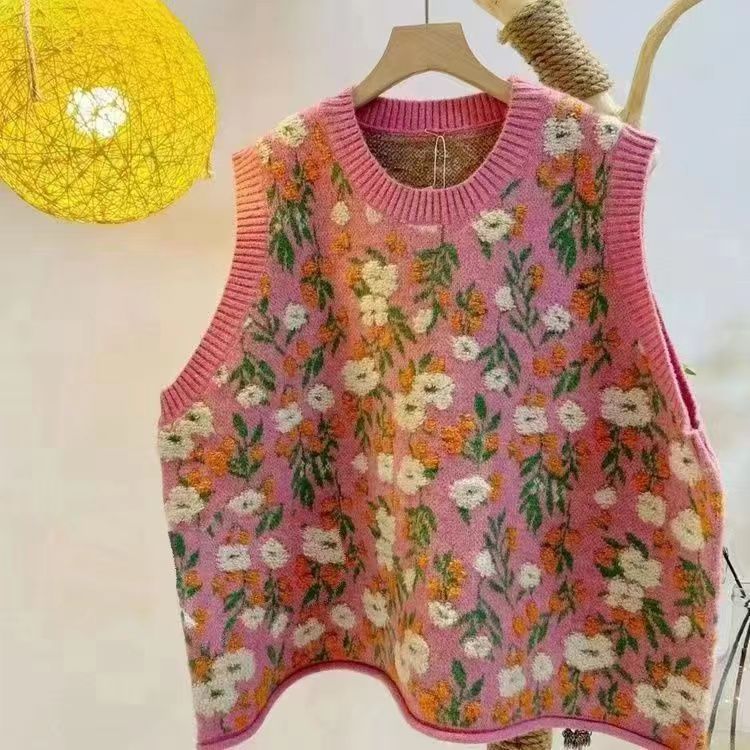2026 New Korean Style Loose Knit Vest Women Chunky Flower Embroidery Plus Size Slim Fit Cardigan