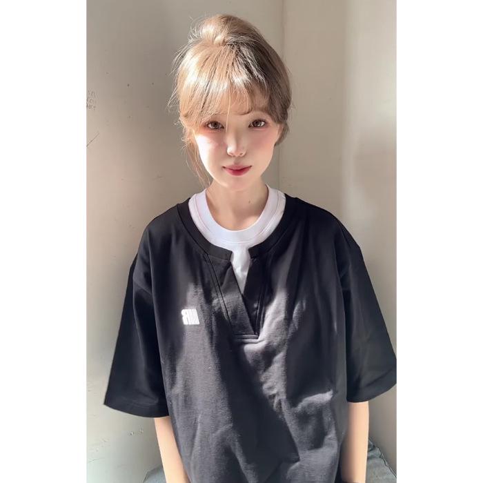 

Women s Loose Fit V-Neck Short Sleeve Cotton T-Shirt - Trendy, Versatile, Summer Design XL чёрный