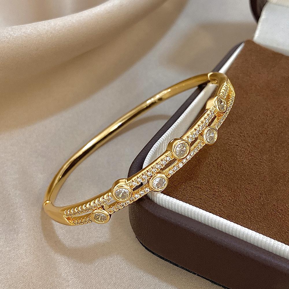 Bracciali Bangle Unici a Doppio Strato con Strass per Donna, Bracciale a Manica in Rame Placcato Oro alla Moda, Gioielli Regali