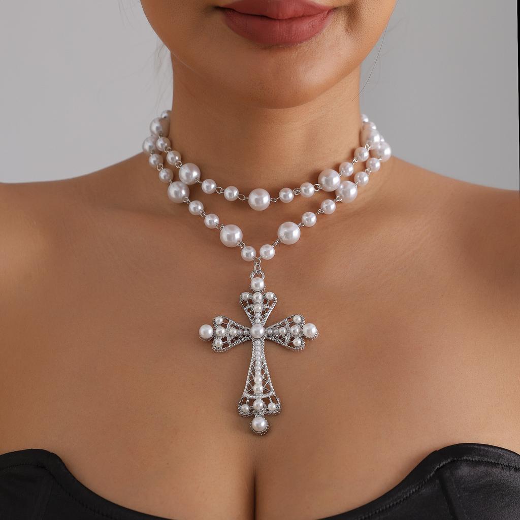Dark Less Inlaid Pearl Necklace Ins Spice Girl Exaggerated Wind Cross Necklace