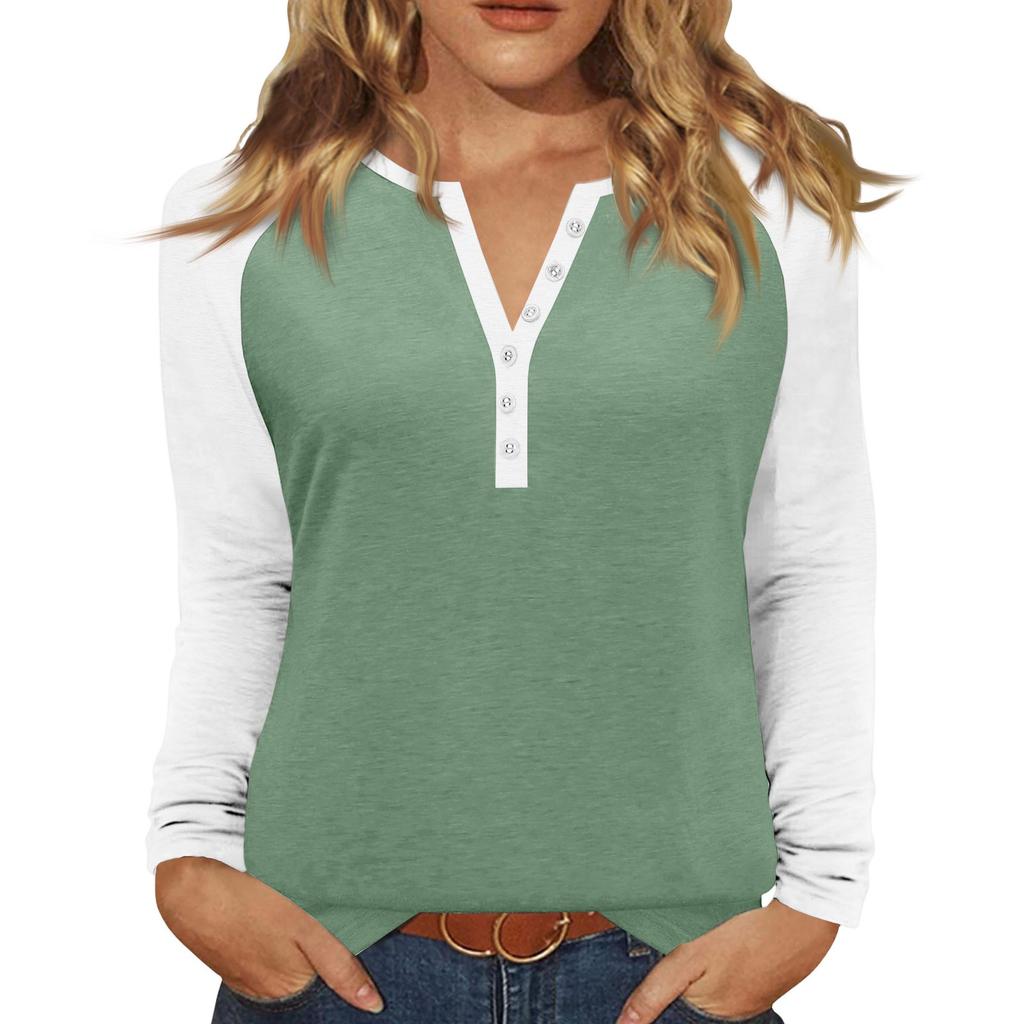 Women's T Shirt Color Block Button Long Sleeve Daily Weekend Fashion Basic V- Neck Regular Top