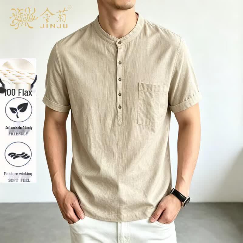 Men s 100% Linen Henley Short Sleeve T-Shirt S