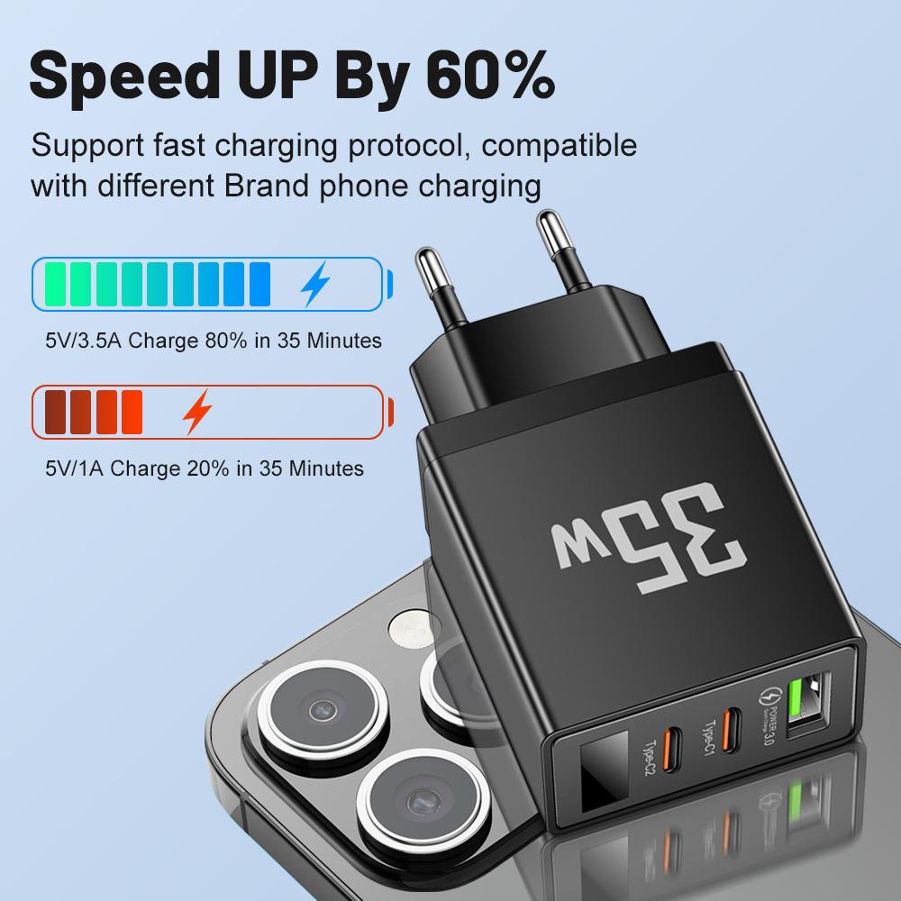 3.5A Smart USB + 2PD Digital Display Travel Charger for Mobile Phones