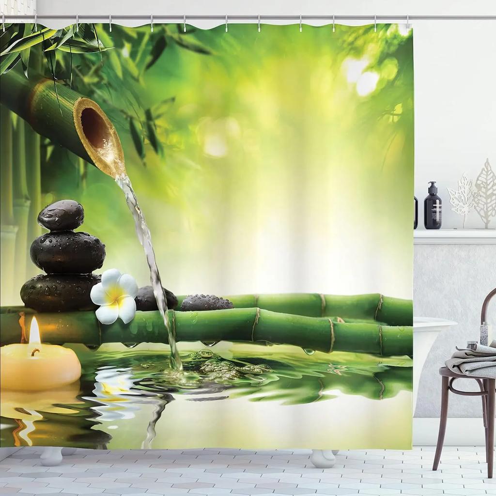 Unframed Bamboo Zen Shower Curtain Green Nature Forest Stone Spa Candle Summer Tropical Bamboo Forest Orchid Bathroom Decor With